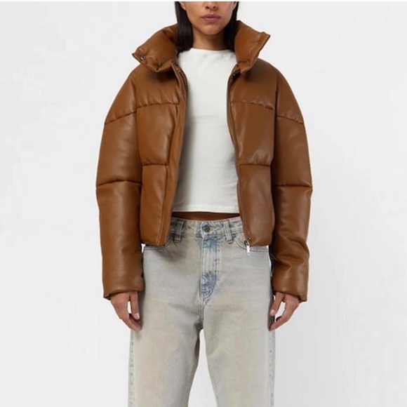 Apparis Brown Faux Leather Puffer Jacket - Picture 1 of 11